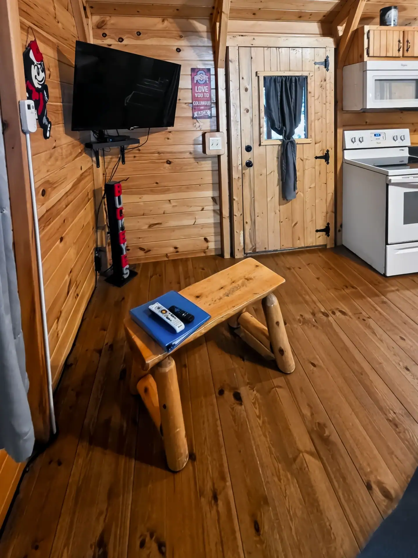 Log coffee table and wall-mounted TV in the pine-paneled living room at Buckeye Hut cabin