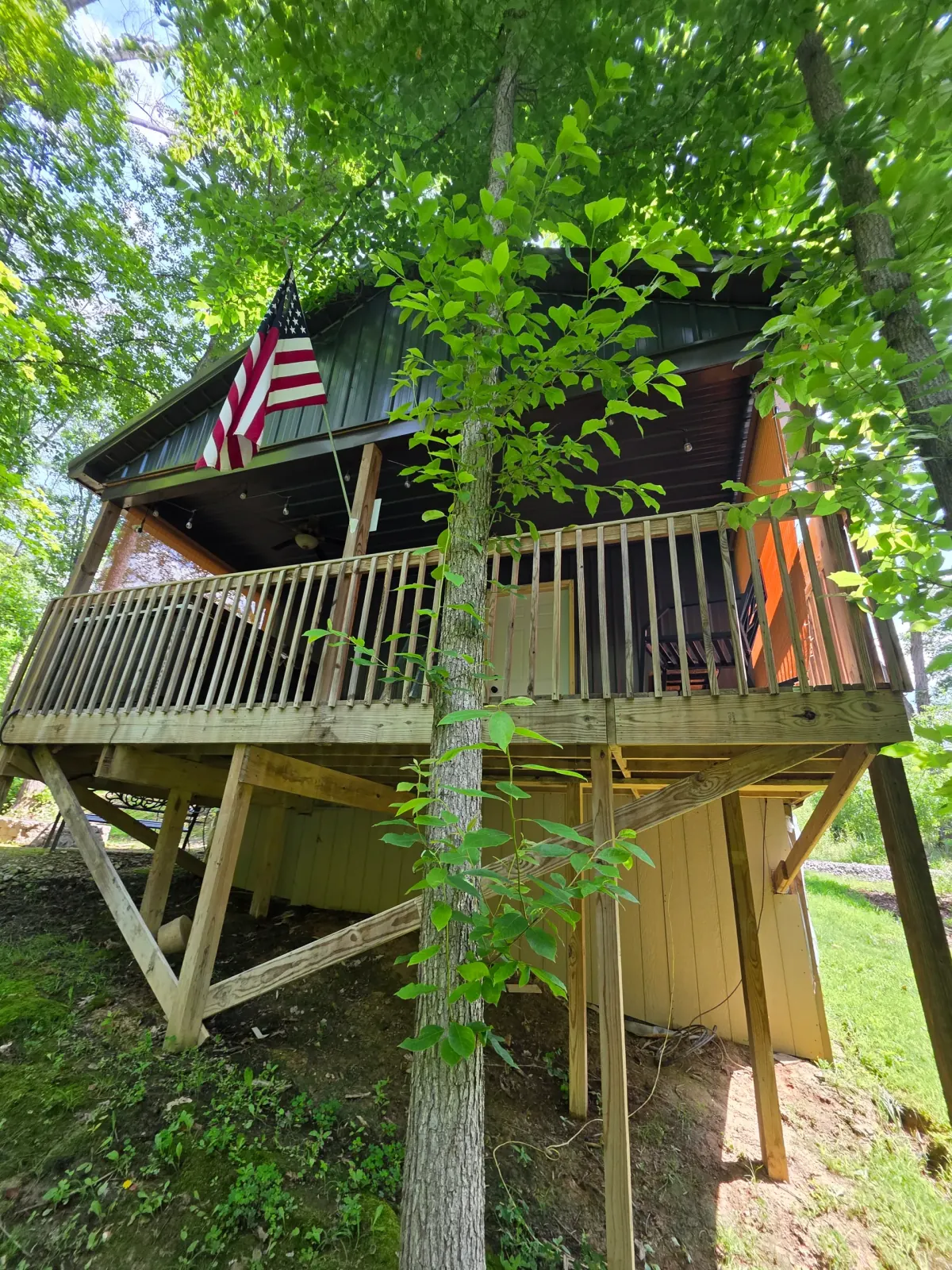 Open-concept interior with double-sided cedar fireplace, queen bed, and living area at Butterfly Ridge cabin