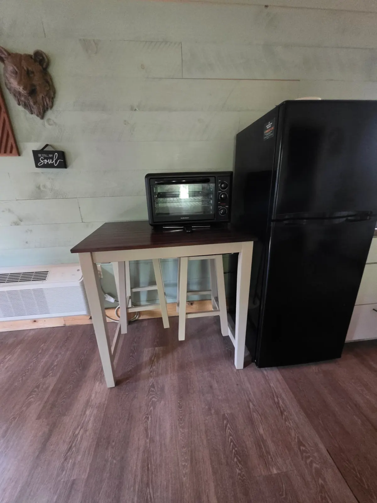 Kitchenette counter with coffee maker, open shelving, and wine glasses at Butterfly Ridge cabin