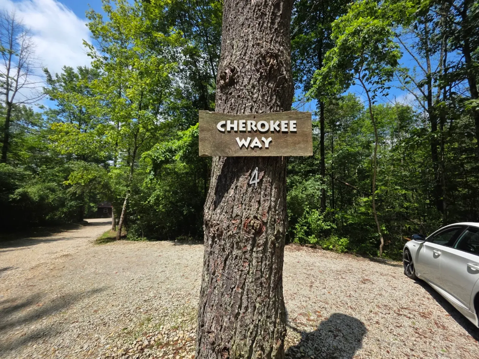 Rustic wooden Cherokee Way name sign mounted on a tree trunk at the cabin entrance