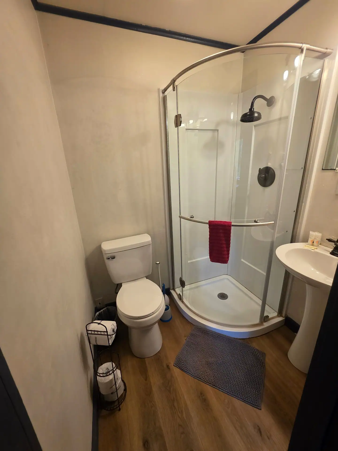 Eagles Nest cabin bathroom with curved glass shower enclosure, toilet and pedestal sink