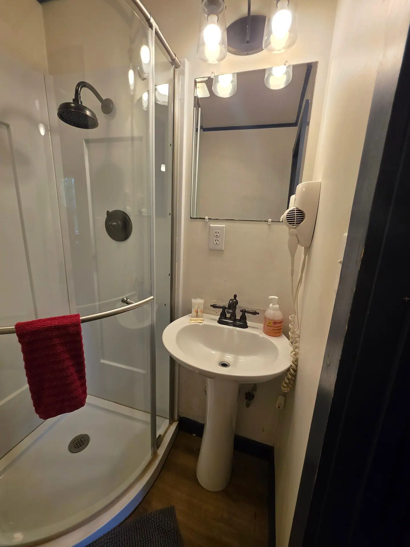 Pedestal sink, vanity mirror and hair dryer in the Eagles Nest cabin bathroom