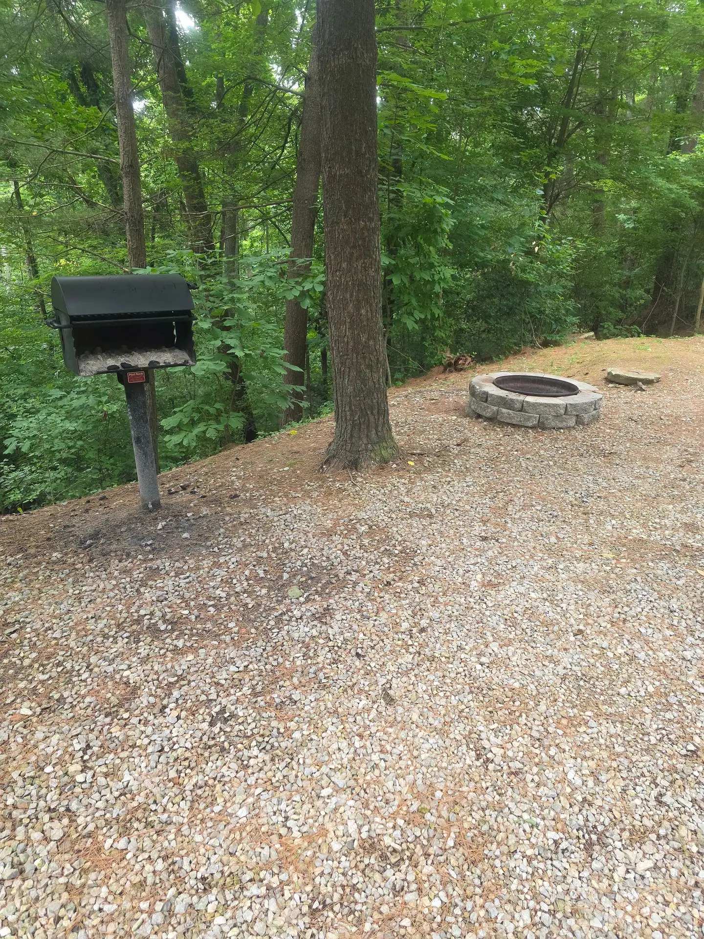 Charcoal grill and stone fire pit in the gravel yard at Eagles Nest cabin