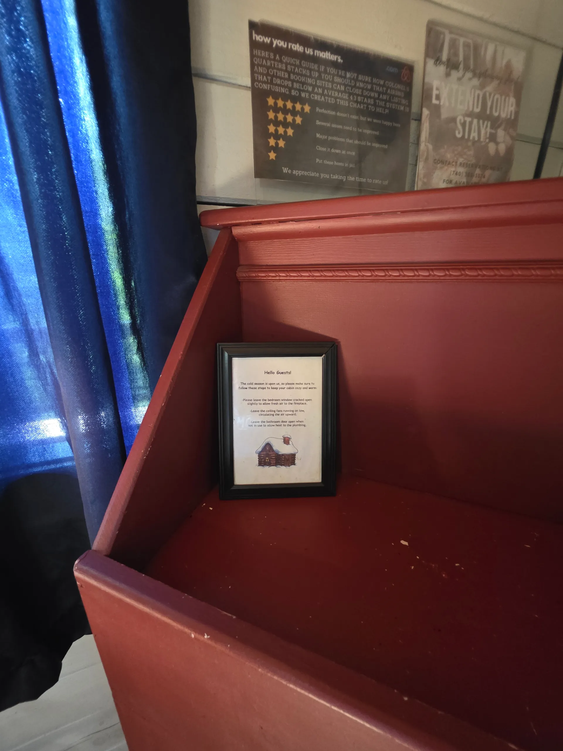 Guest welcome materials and cabin information display inside Eagles Nest cabin