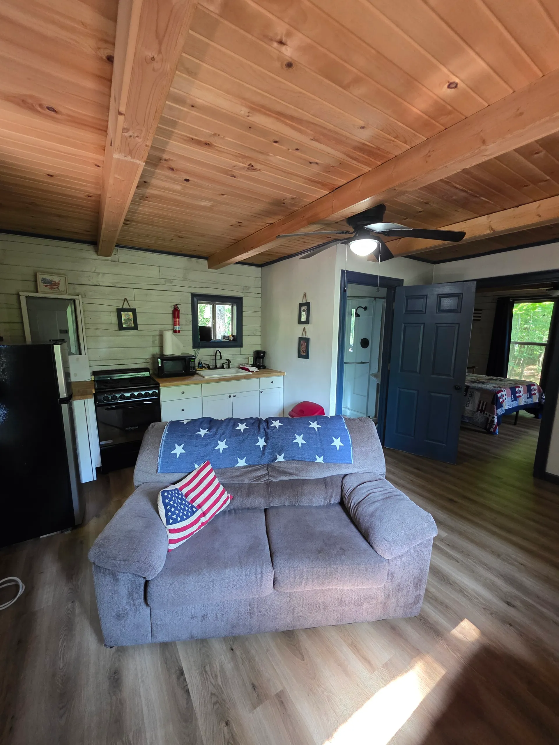 Eagles Nest cabin living room with comfortable sofa, American flag blanket, and fireplace