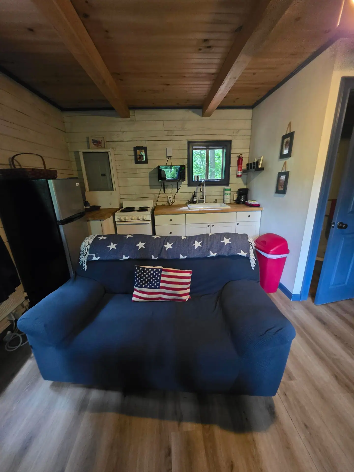 Blue sofa with star throw and flag pillow in the Eagles Nest cabin living room