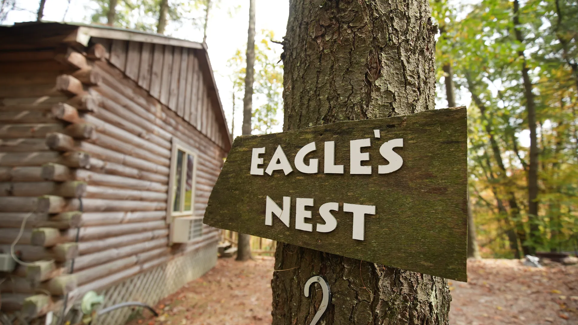 Rustic wooden Eagles Nest cabin name sign on tree with log cabin in background