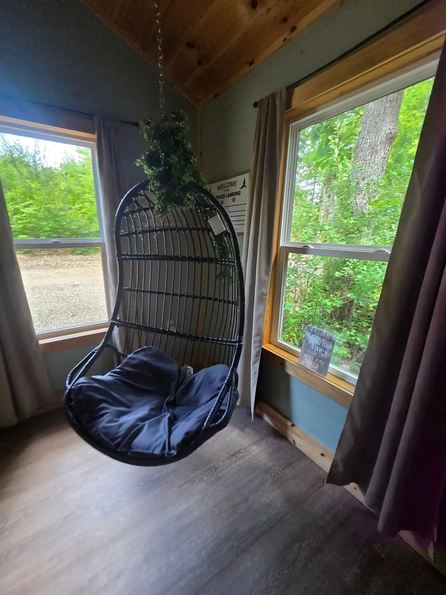 Hanging egg chair in a sunny corner between two windows at Firefly's Landing
