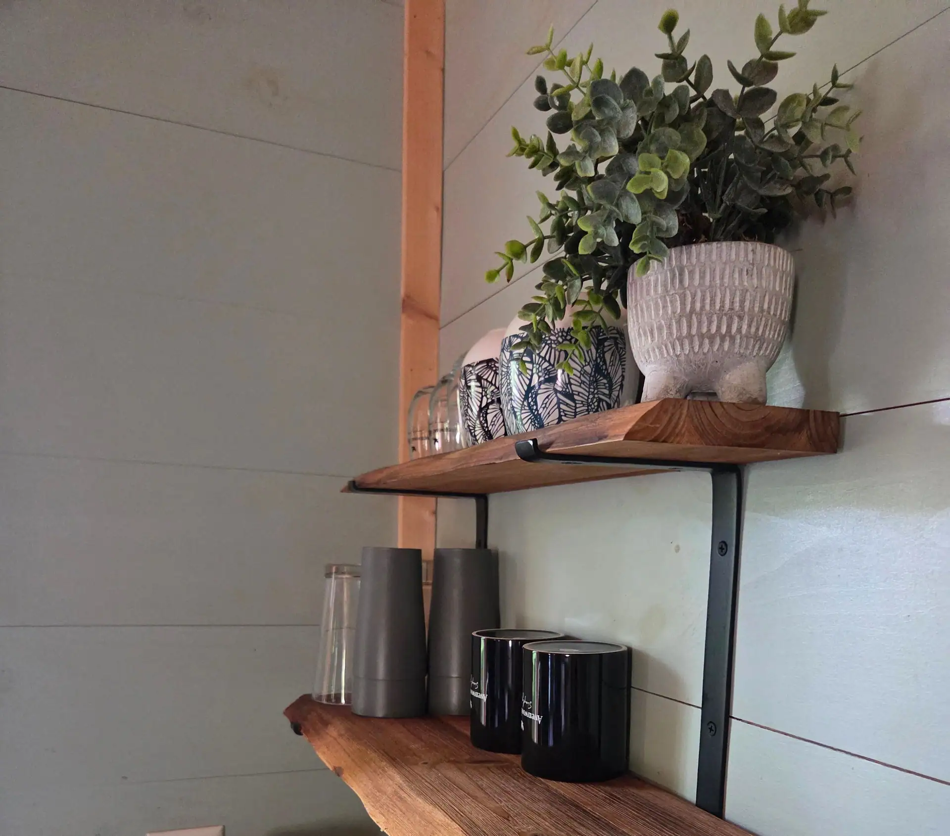 Live-edge wood shelves with glasses and mugs in the kitchenette at Firefly's Landing