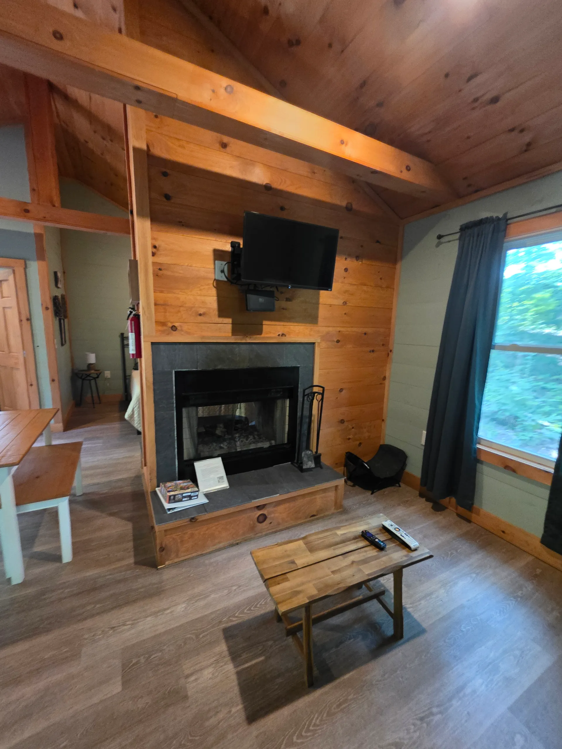 Fireplace and TV wall with sofa and side table at Forest Aisle cabin