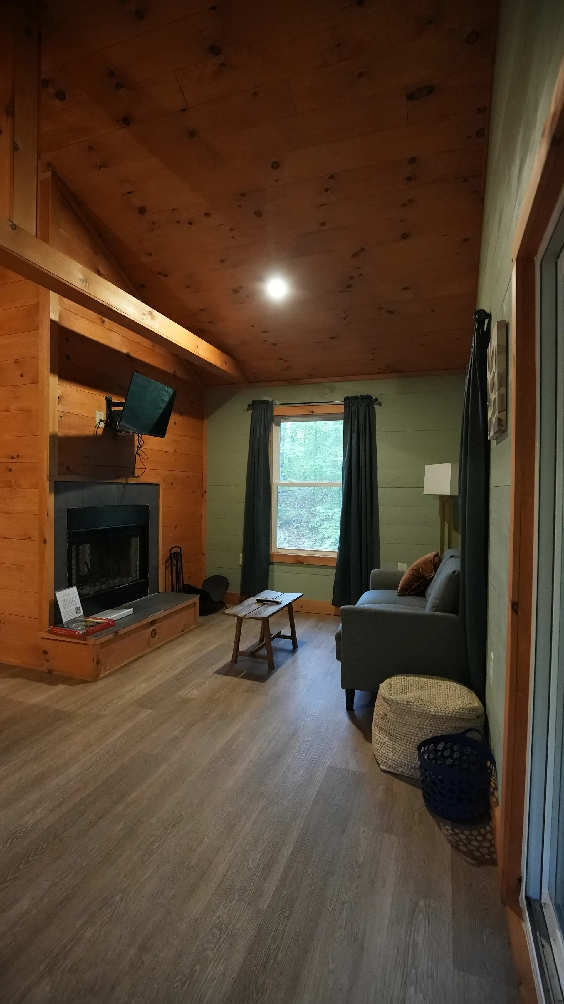 Fireplace and living room seating from an elevated angle at Forest Aisle cabin