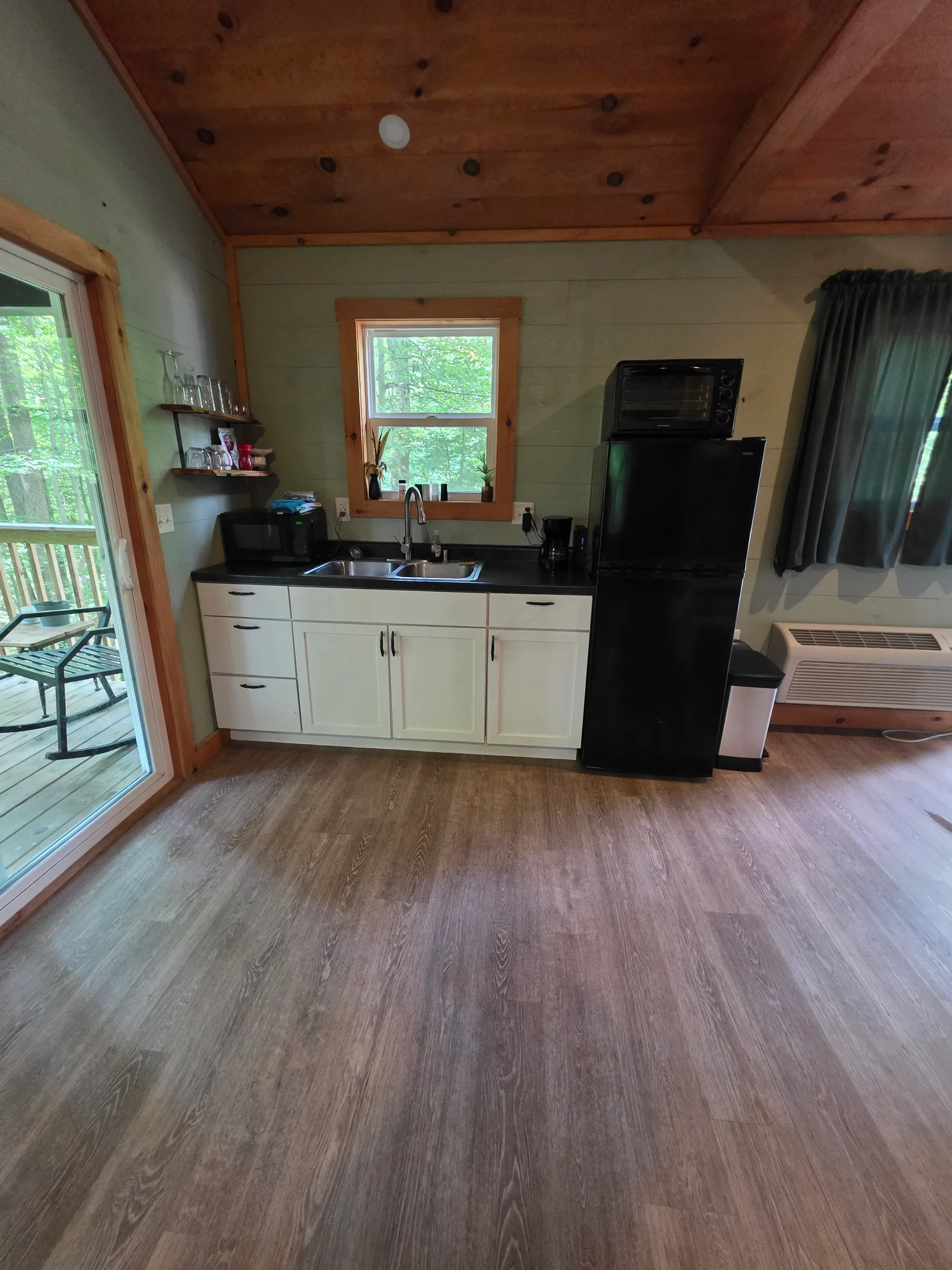 Kitchenette with white cabinets and black appliances viewed from the sliding door at Forest Aisle cabin