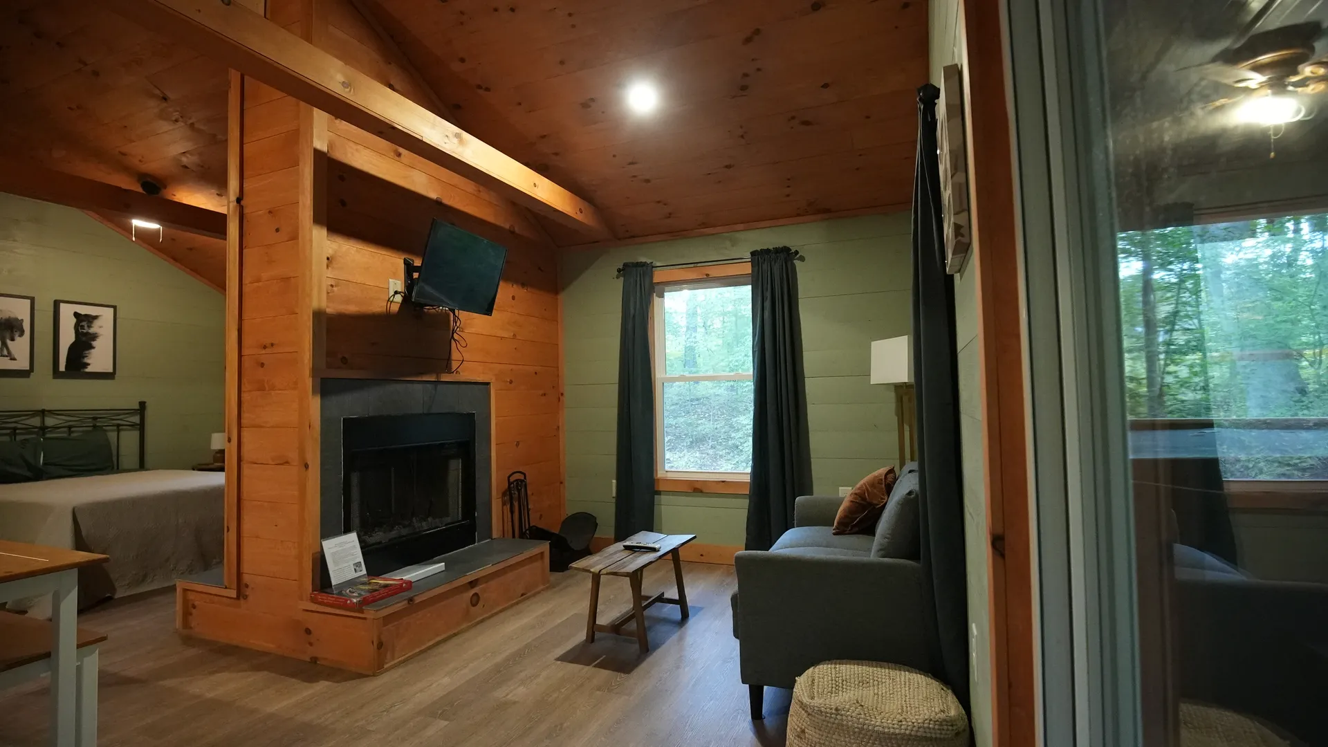 Living room with fireplace, mounted TV, gray sofa, and sliding glass door at Forest Aisle cabin