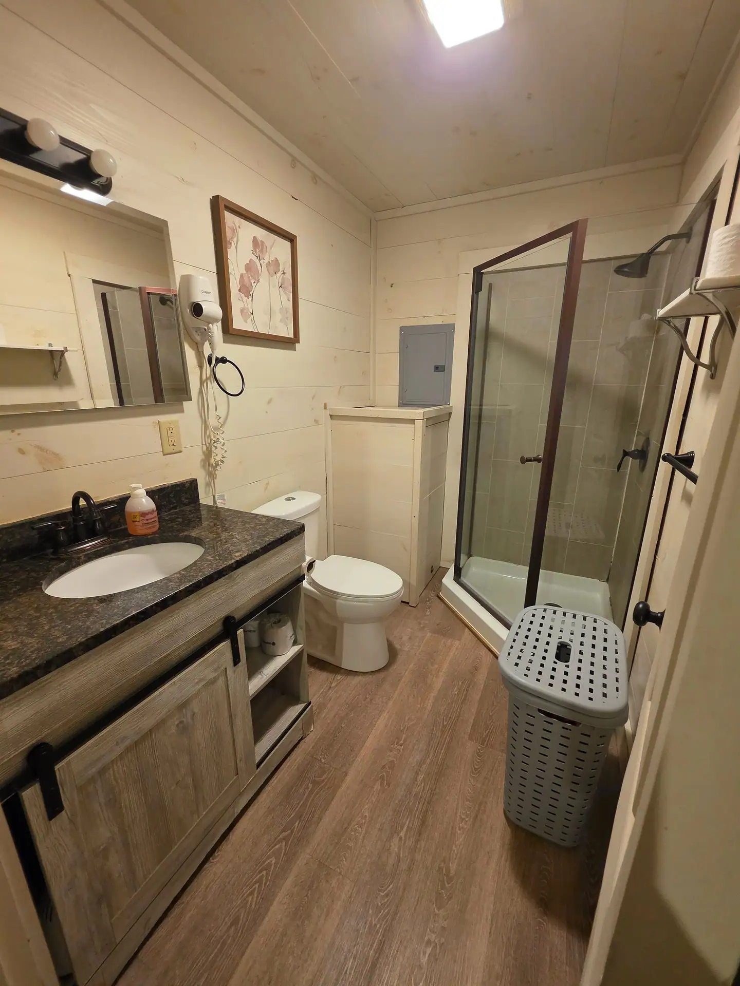 Bathroom with granite vanity, toilet and glass-enclosed shower at Hummingbird cabin