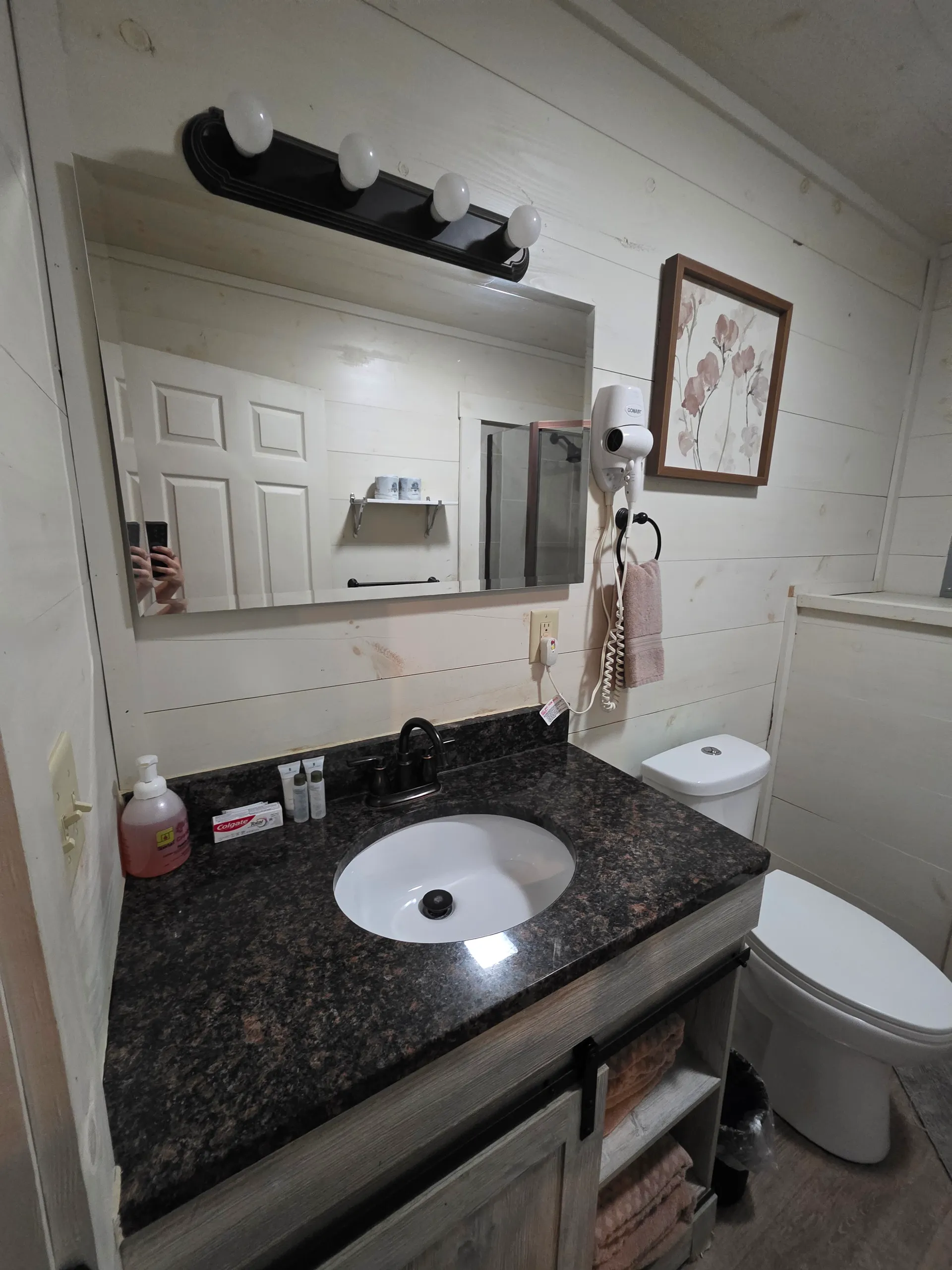 Bathroom vanity with granite countertop, mirror, and globe lights at Hummingbird cabin