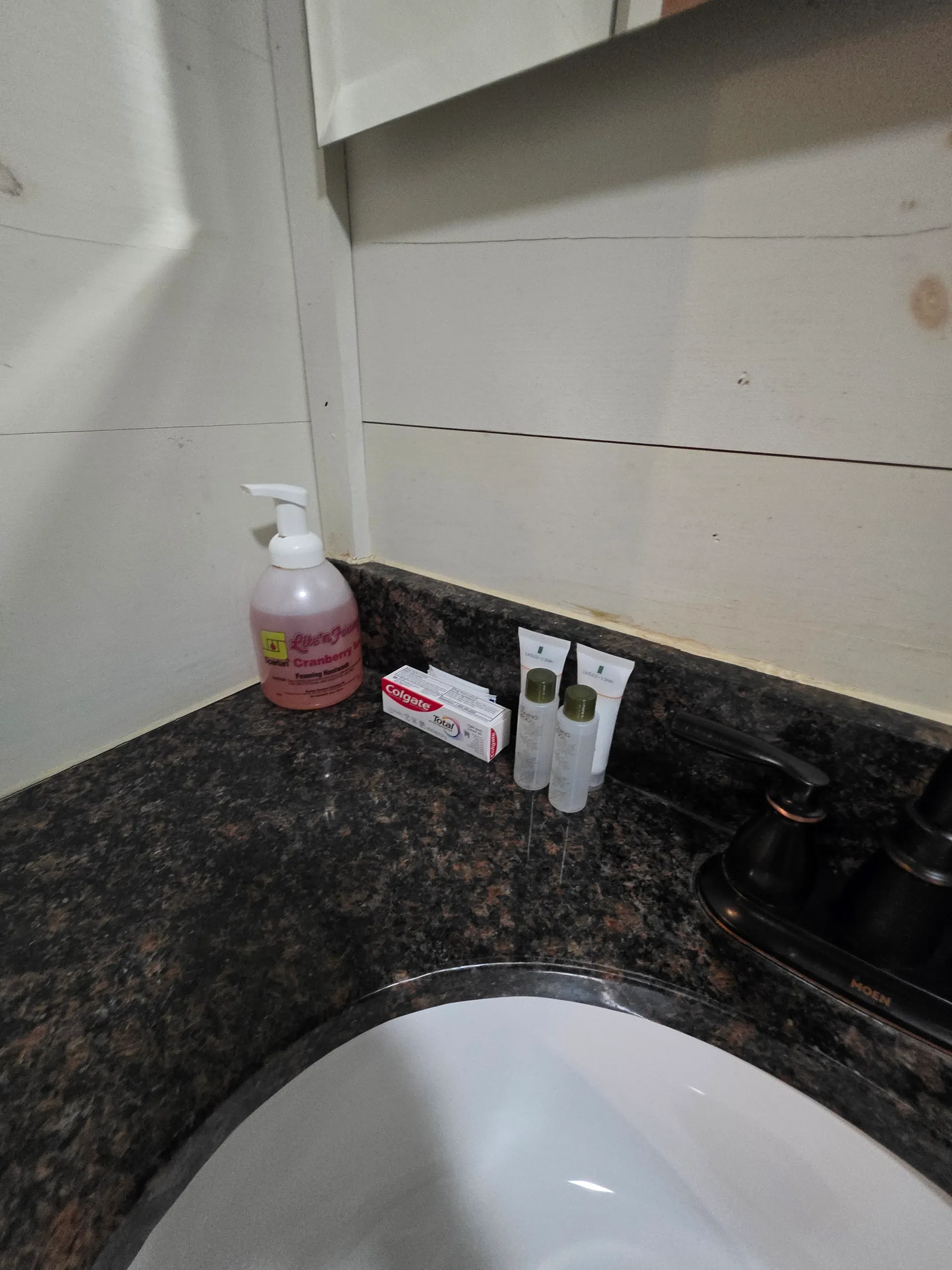 Bathroom toiletries and hand soap on the granite vanity at Hummingbird cabin