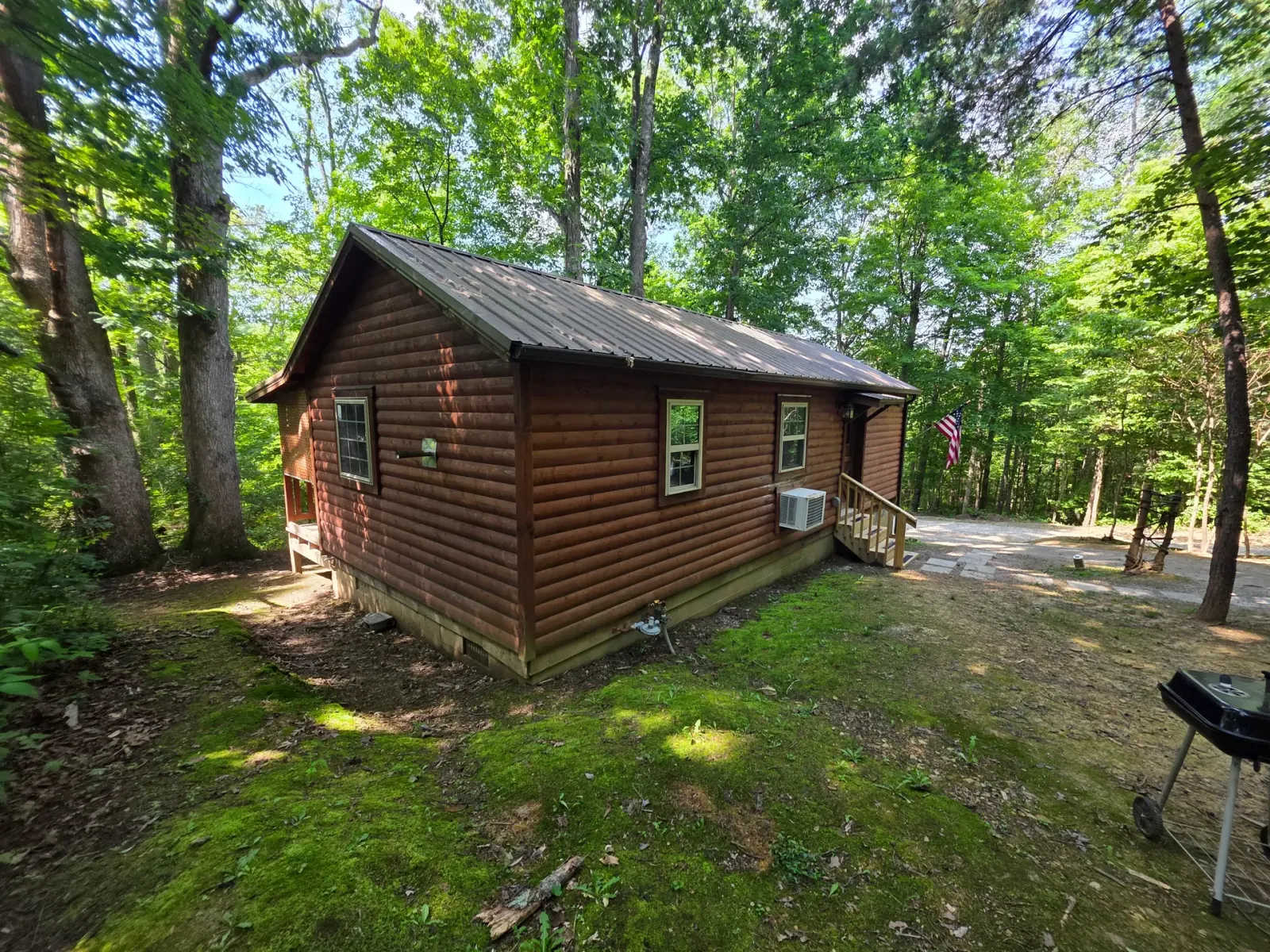 Rear exterior view of Millers Den log cabin nestled among trees in Hocking Hills