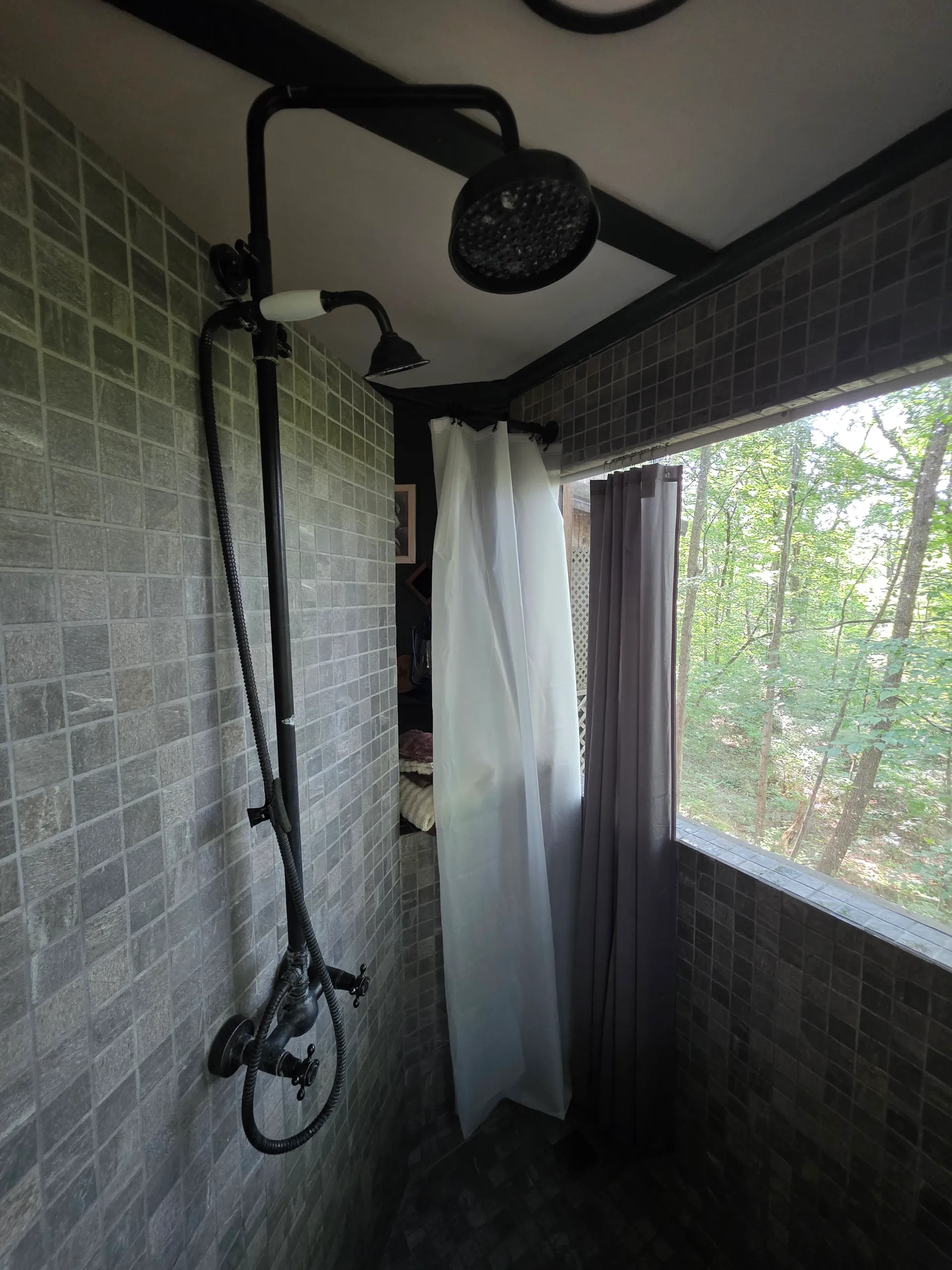 Walk-in shower with dual showerheads and forest view window at Moonshiner cabin
