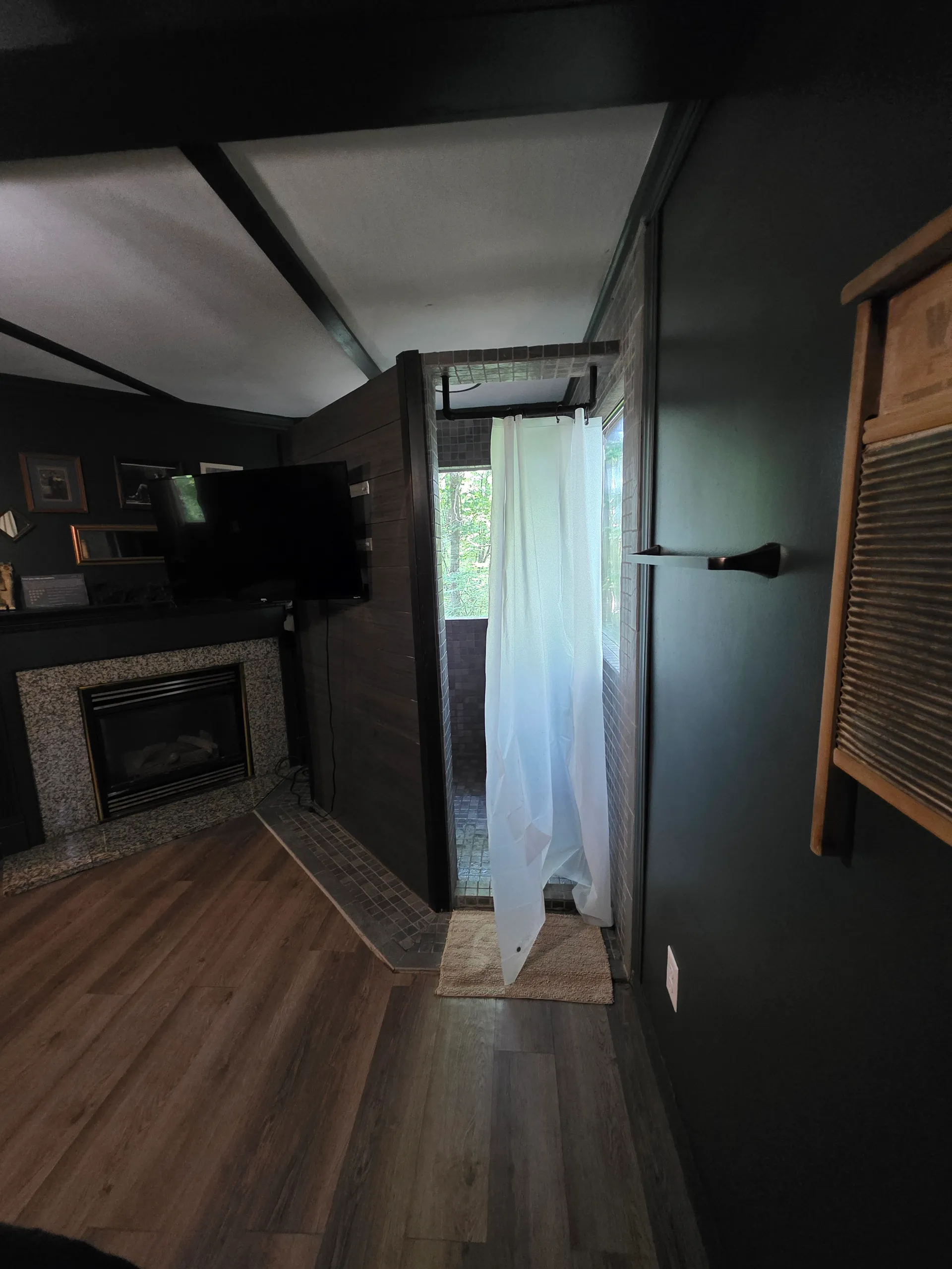 Fireplace with granite surround and forest view window in the dark-walled living room at Moonshiner cabin