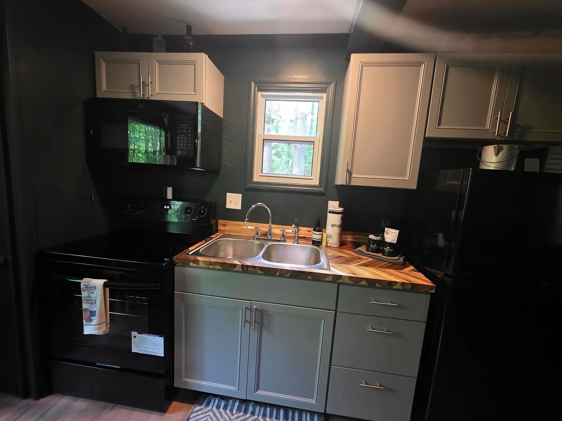 Kitchenette with electric stove, double sink, microwave and wood countertop at The Old Moonshiner cabin