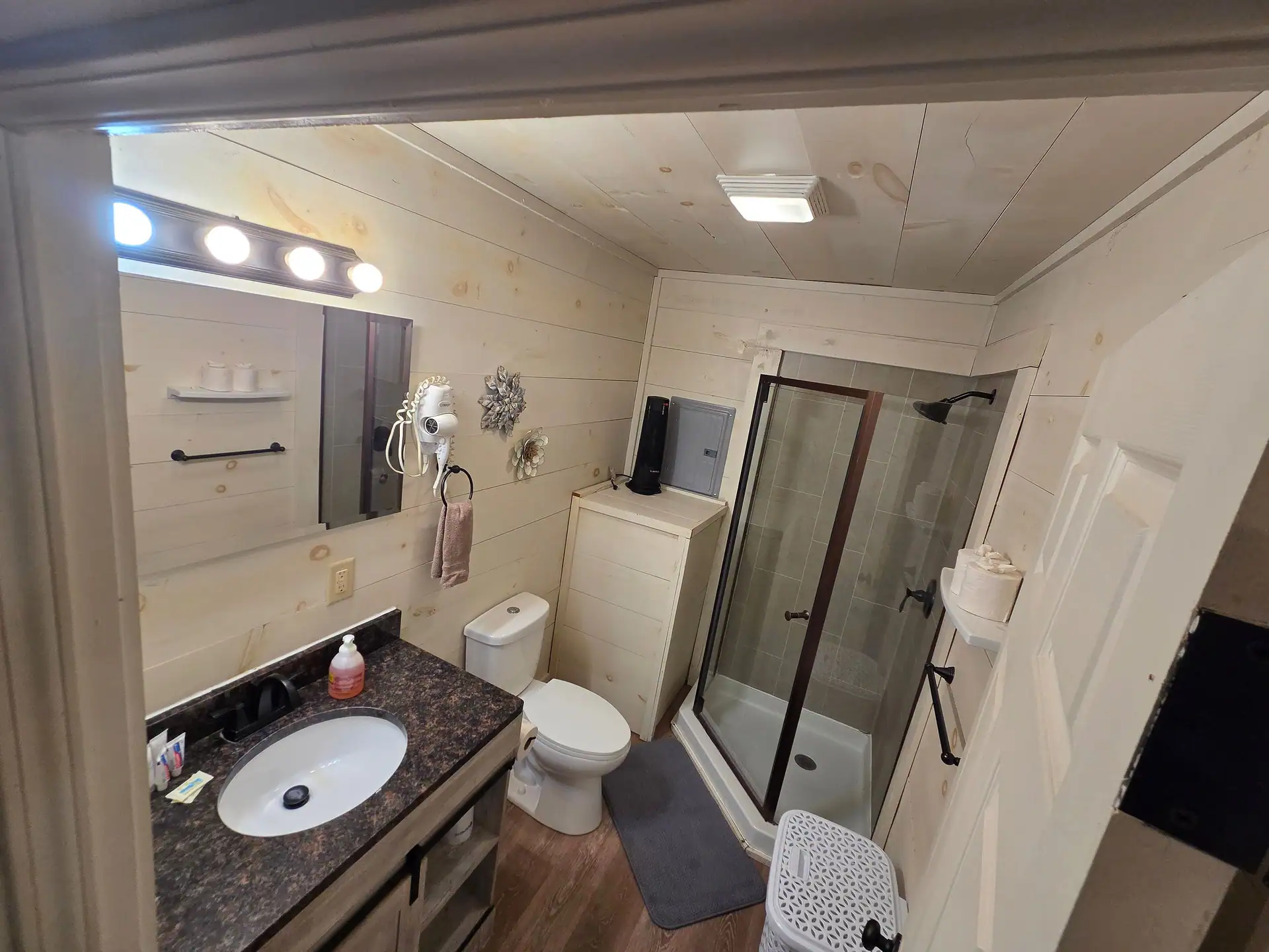Bathroom with granite vanity, toilet, and glass-enclosed shower at Owl's Tale cabin