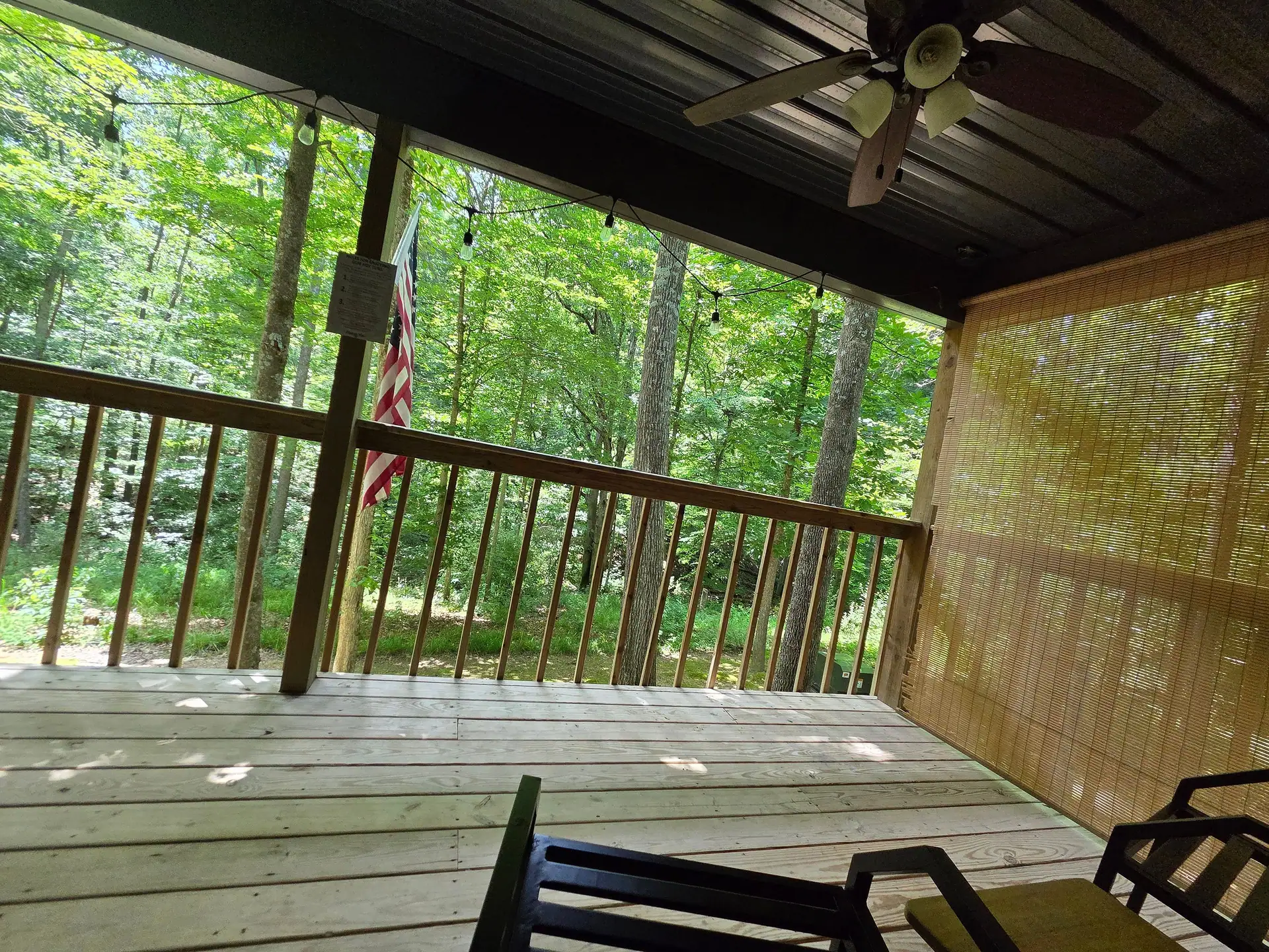 View from the covered deck over the railing into the woods at Owl's Tale cabin