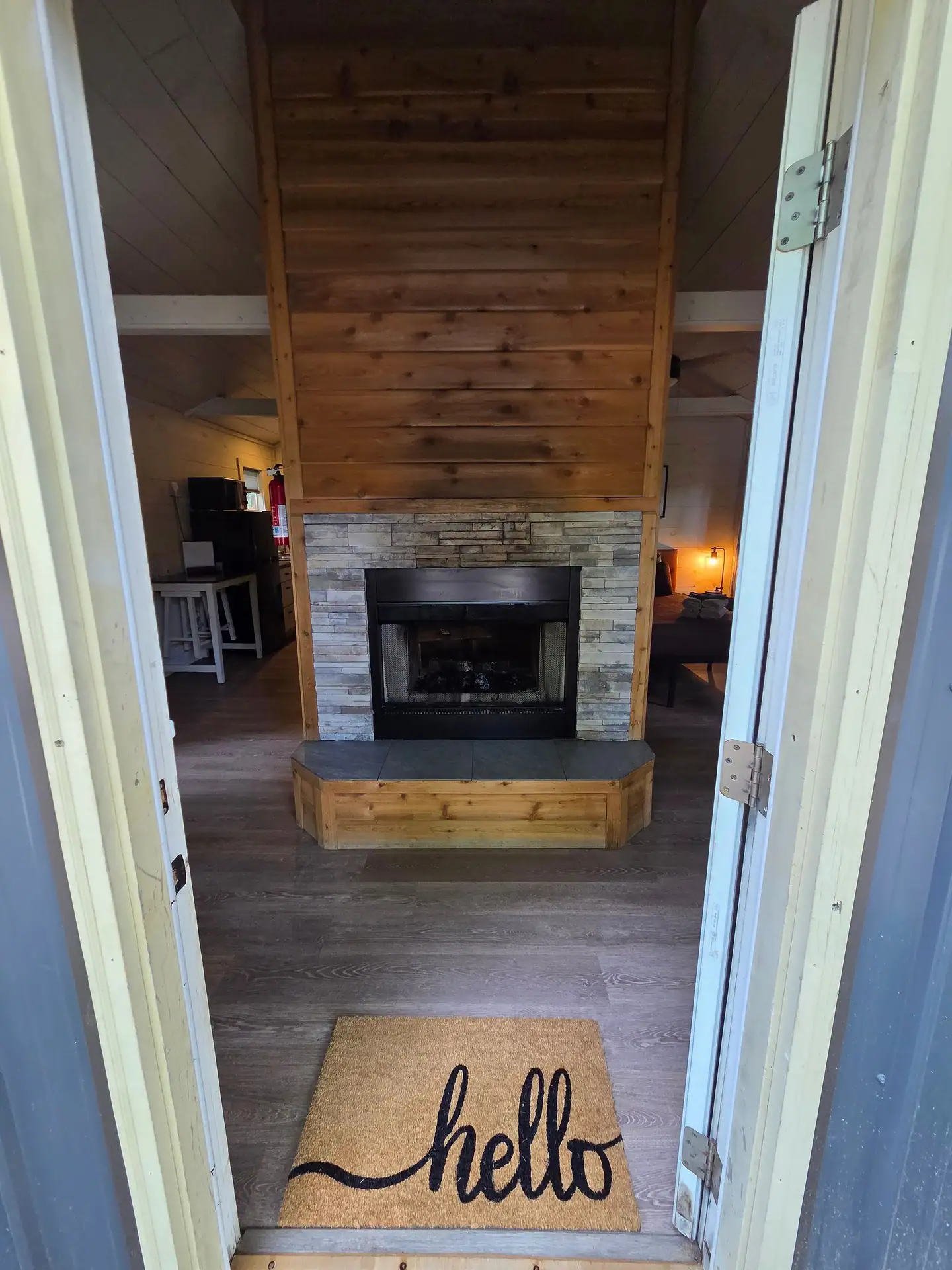 View through the front door to the double-sided stone fireplace at Owl's Tale cabin
