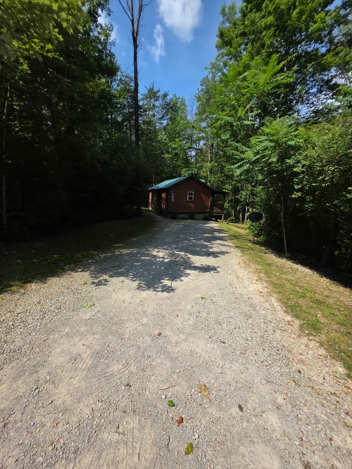 Gravel path leading to Settlers Roost cabin through green summer foliage in Hocking Hills Ohio
