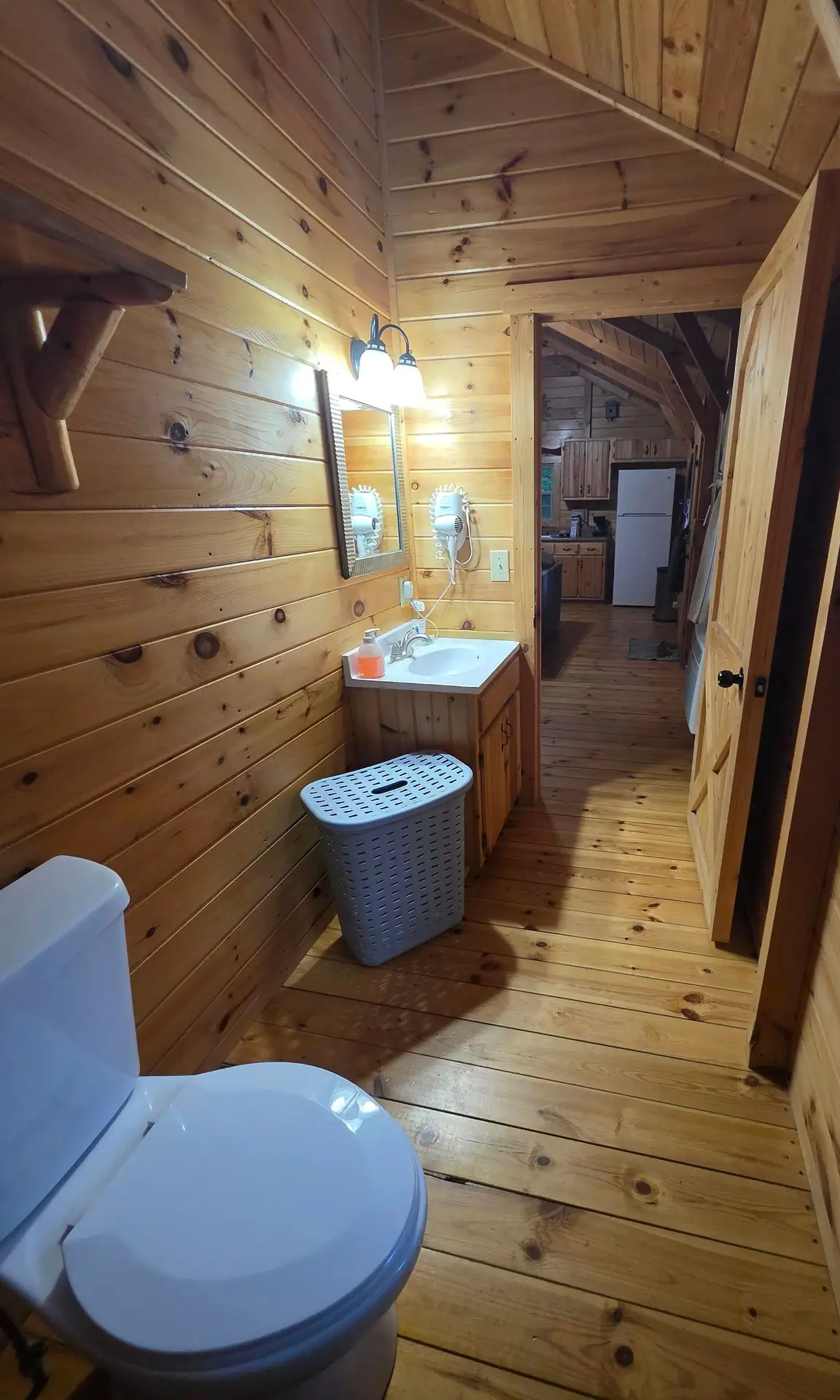 Whippoorwill bathroom with the living area visible through the door