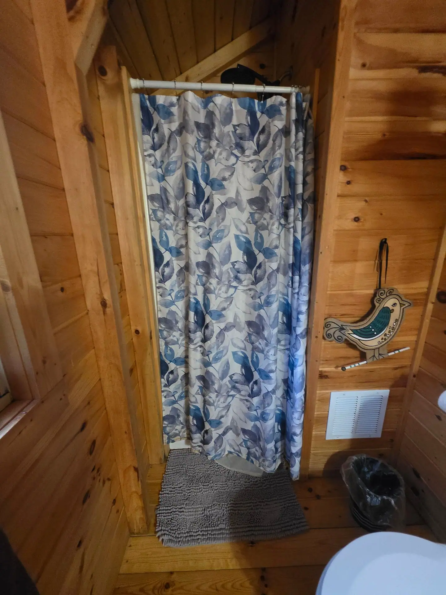Walk-in shower with a patterned curtain in the Whippoorwill bathroom
