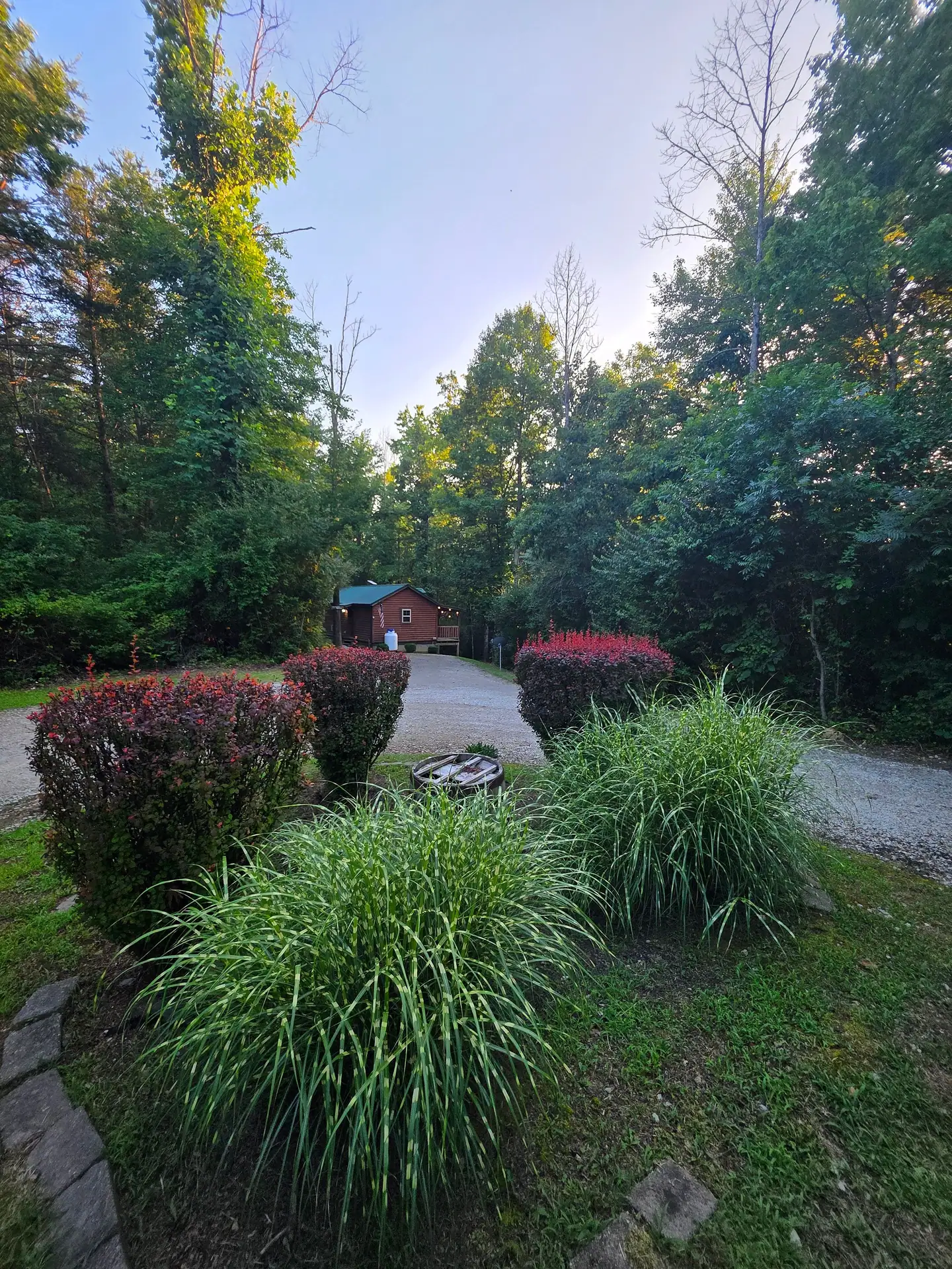Landscaped gravel driveway leading through the trees at Whippoorwill