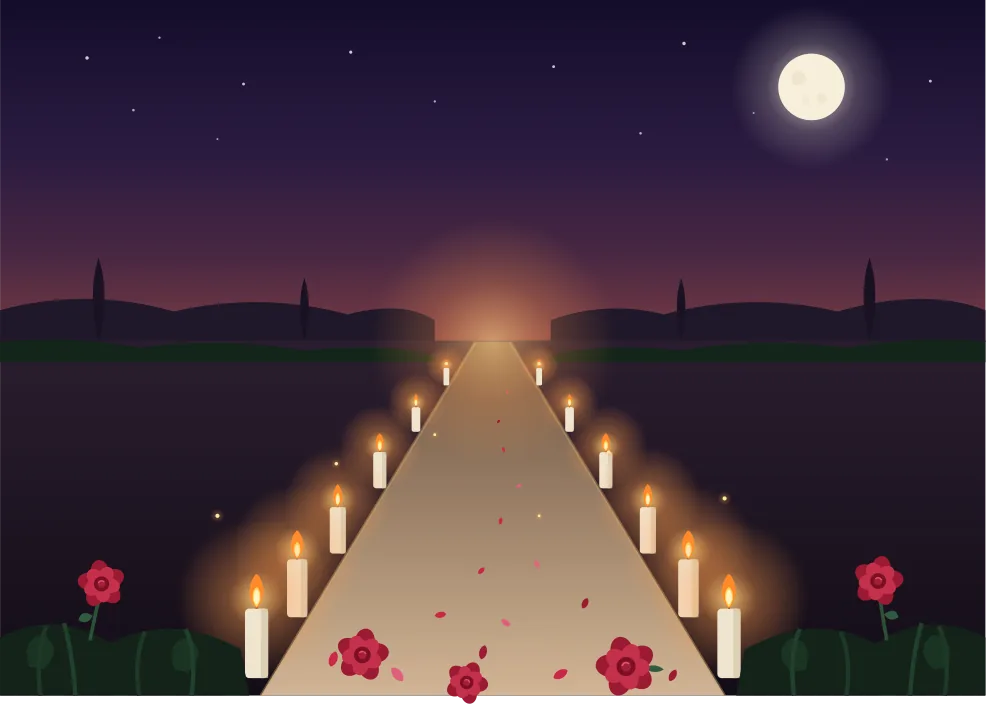 A candlelit, rose-lined trail at dusk